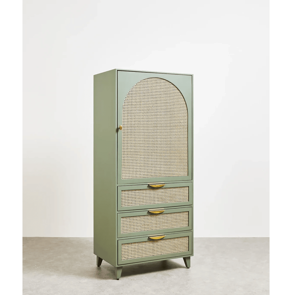Sage Green Mango Wood & Rattan Wardrobe with Hanging Space and Soft-Close Drawer (75W x 55D x 170H cm)