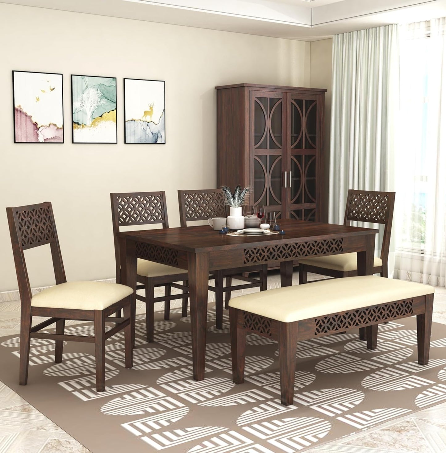 Solid Sheesham Wood 6 Seater Dining Table Set with 4 Chairs & 1 Bench – Walnut Finish