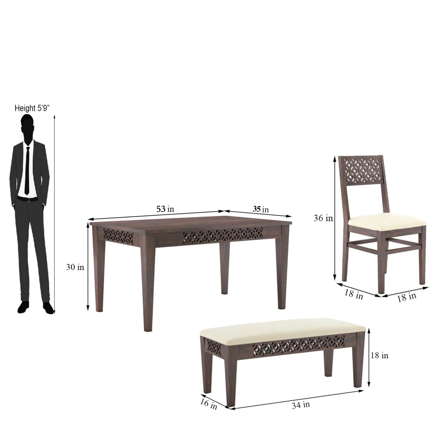 Solid Sheesham Wood 6 Seater Dining Table Set with 4 Chairs & 1 Bench – Walnut Finish