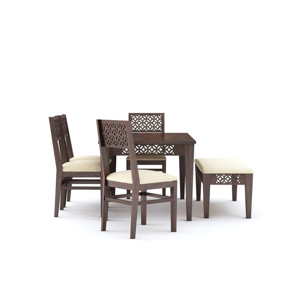 Solid Sheesham Wood 6 Seater Dining Table Set with 4 Chairs & 1 Bench – Walnut Finish