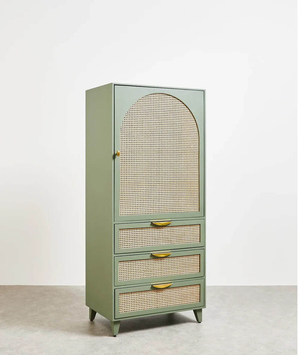Sage Green Mango Wood & Rattan Wardrobe with Hanging Space and Soft-Close Drawer (75W x 55D x 170H cm)