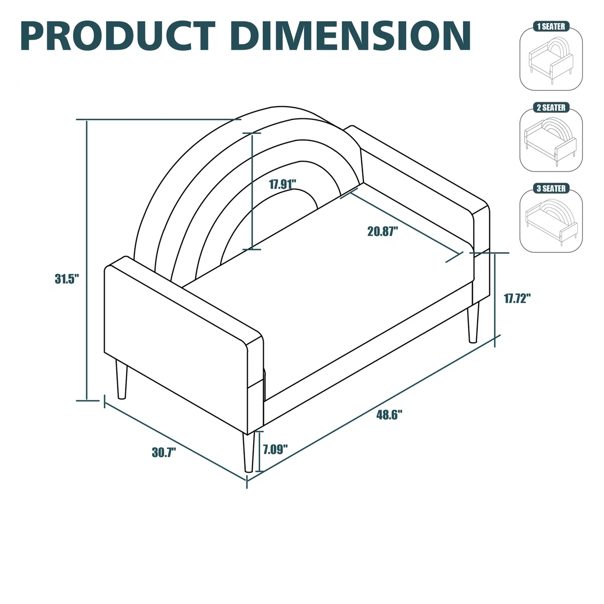 Dimensions of a chair with labeled measurements on a white background