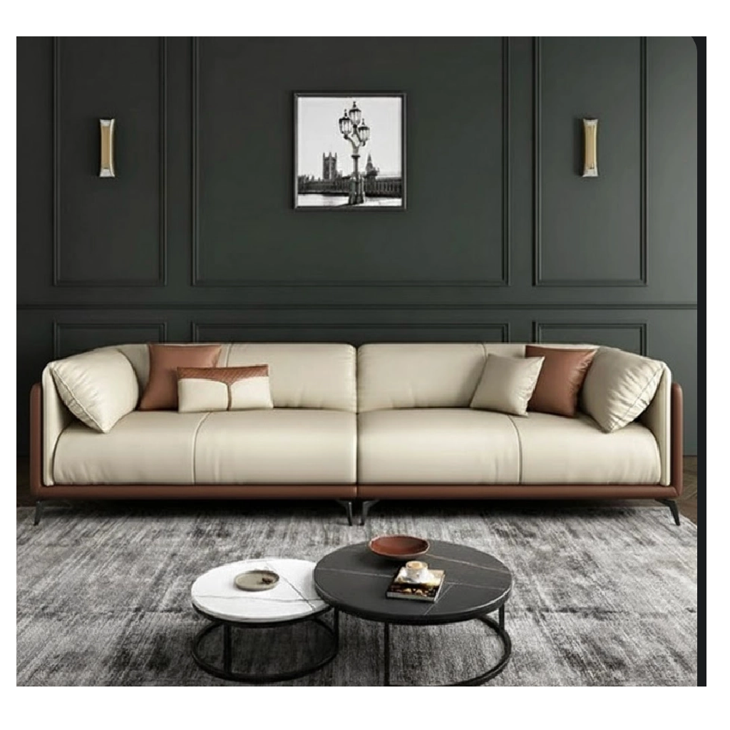 Beige sofa with brown and white cushions in a room with dark walls and a framed picture.