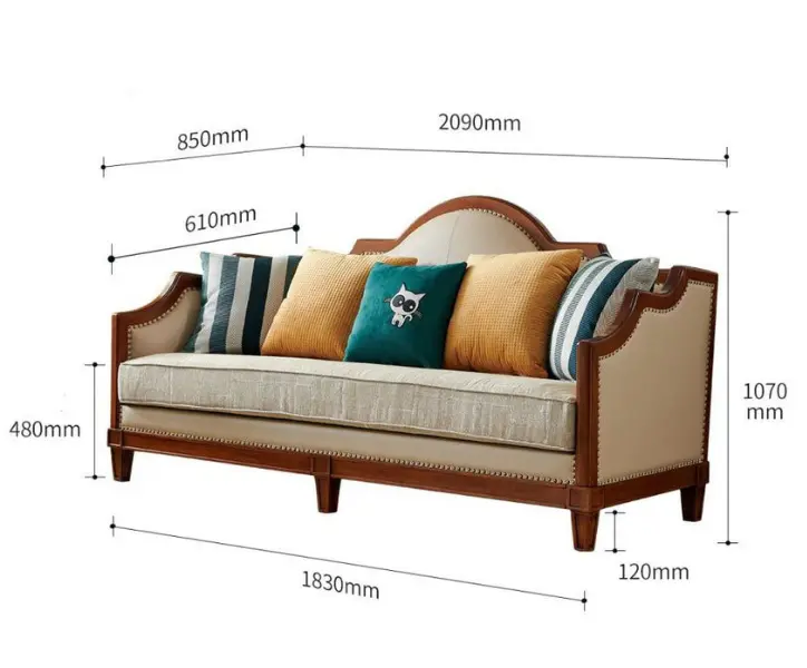 Sofa with dimensions marked on a white background