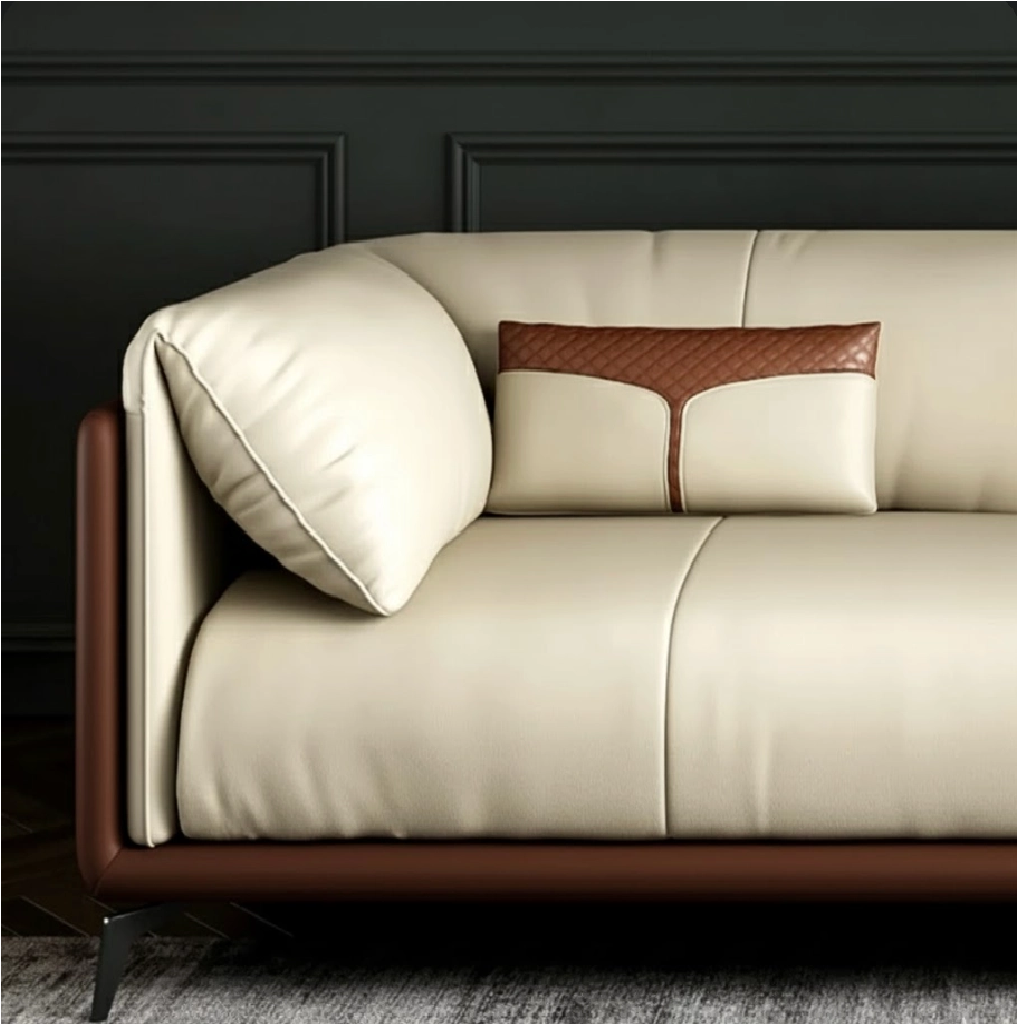 Beige sofa with brown accents against a dark wall