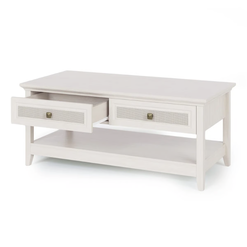 44 Inch Boho Coffee Table with Dual Rattan Drawers & Open Storage