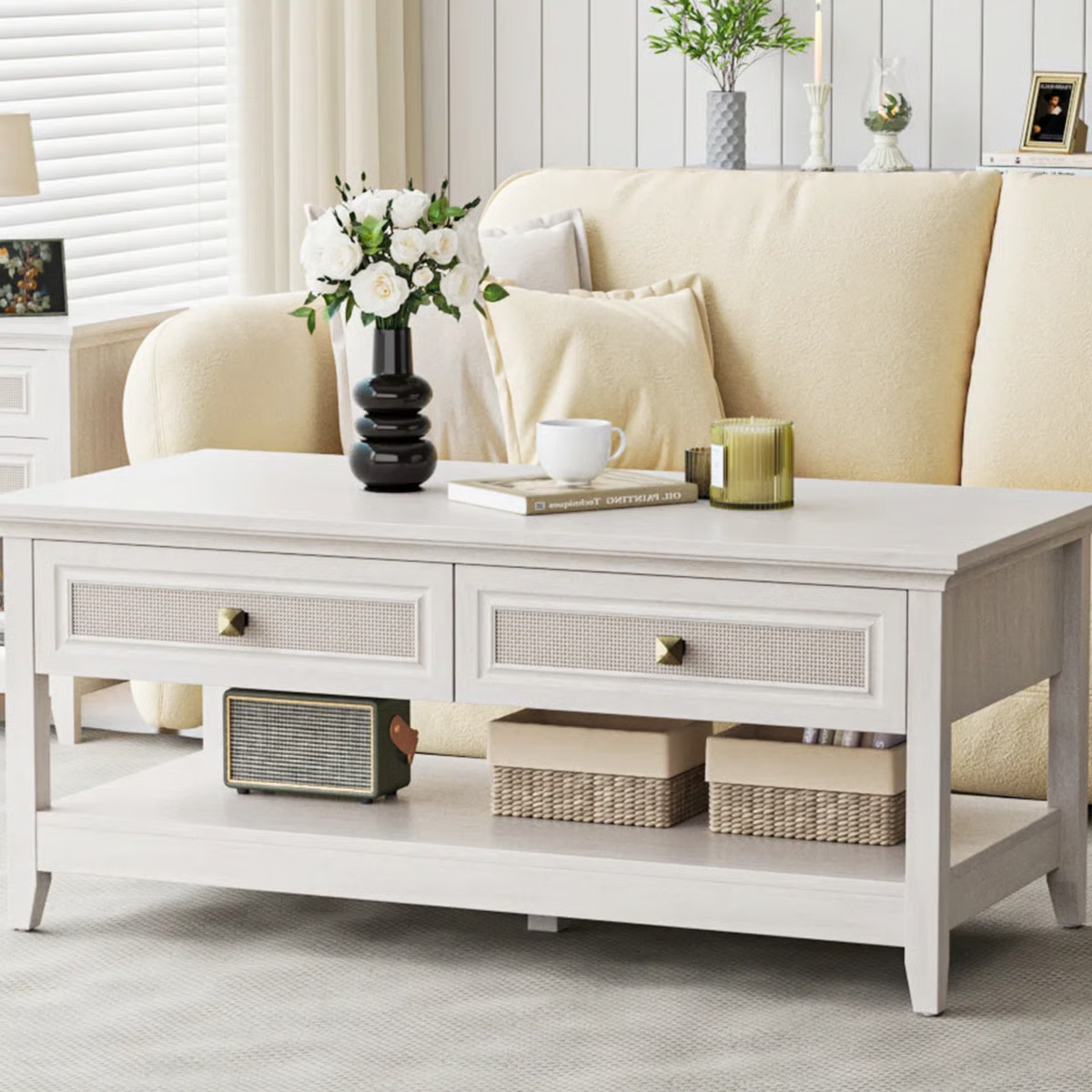 44 Inch Boho Coffee Table with Dual Rattan Drawers & Open Storage