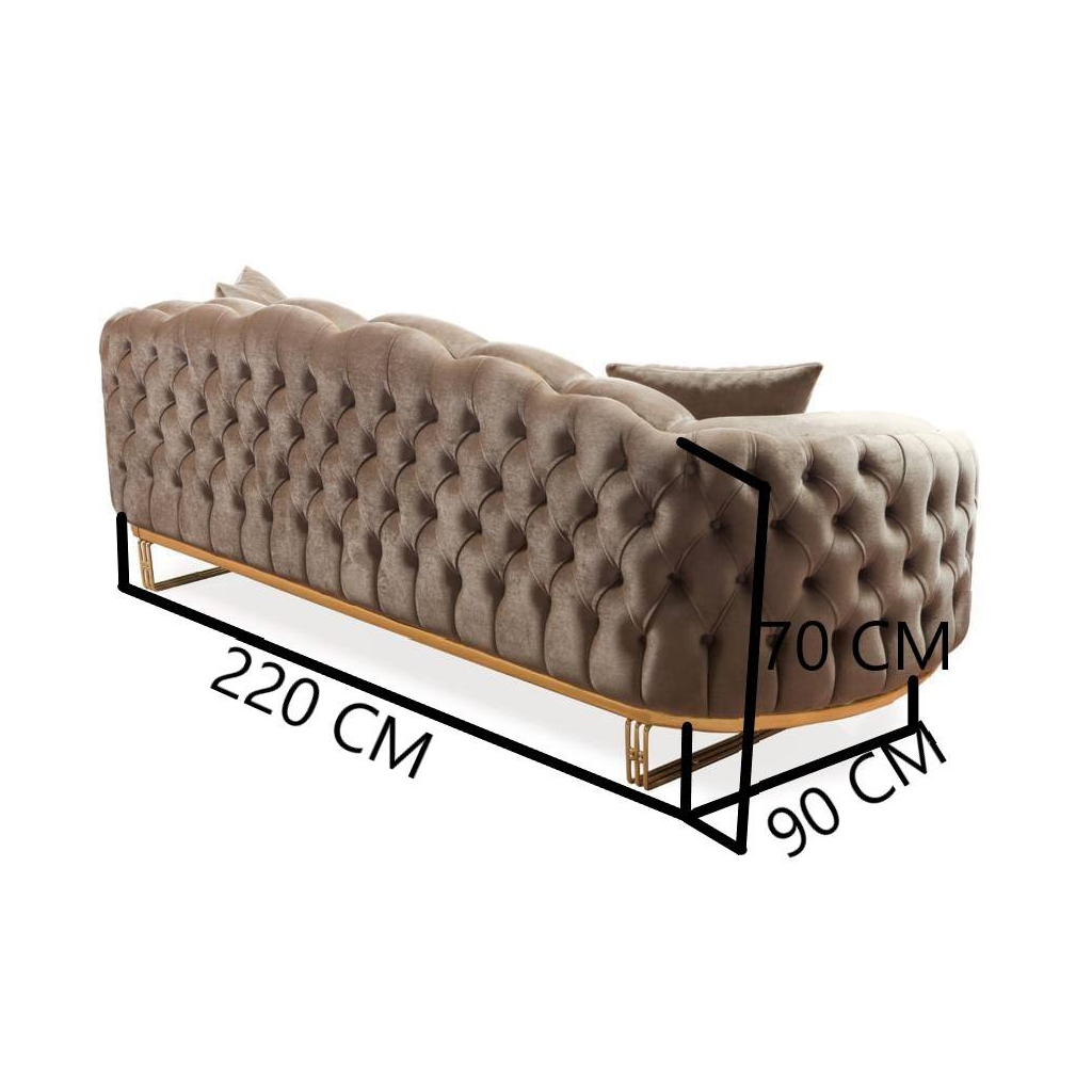 Beige tufted sofa with dimensions labeled on a white background