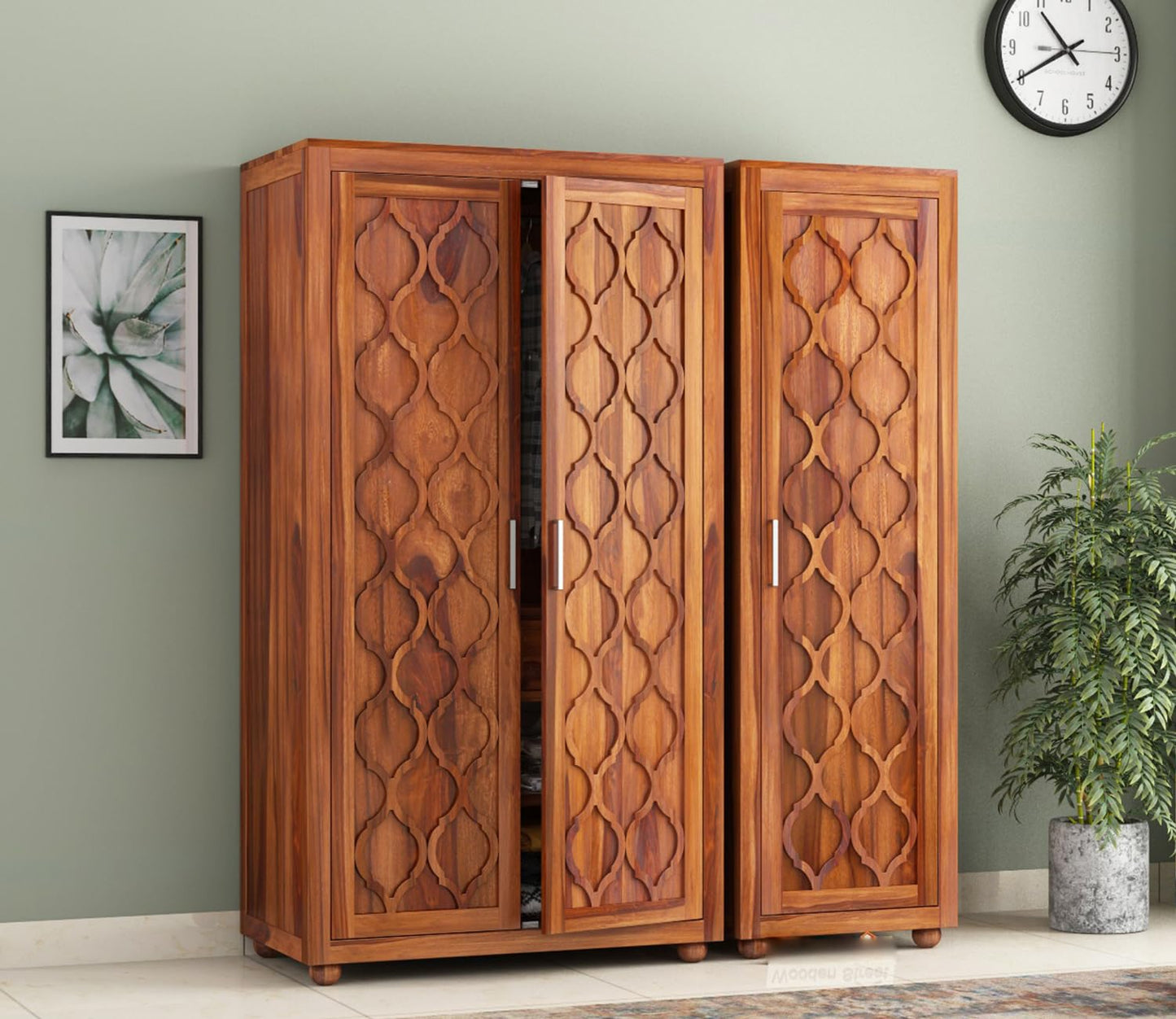 Solid Sheesham Wood 3-Door Wardrobe with 2 Drawers, 6 Shelves & Hanging Space – Large Bedroom Almirah (Honey Finish)