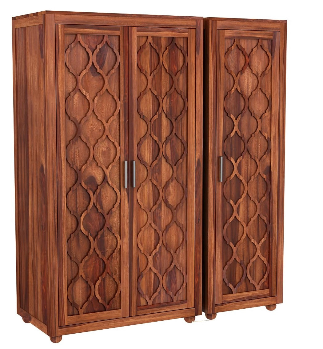 Solid Sheesham Wood 3-Door Wardrobe with 2 Drawers, 6 Shelves & Hanging Space – Large Bedroom Almirah (Honey Finish)