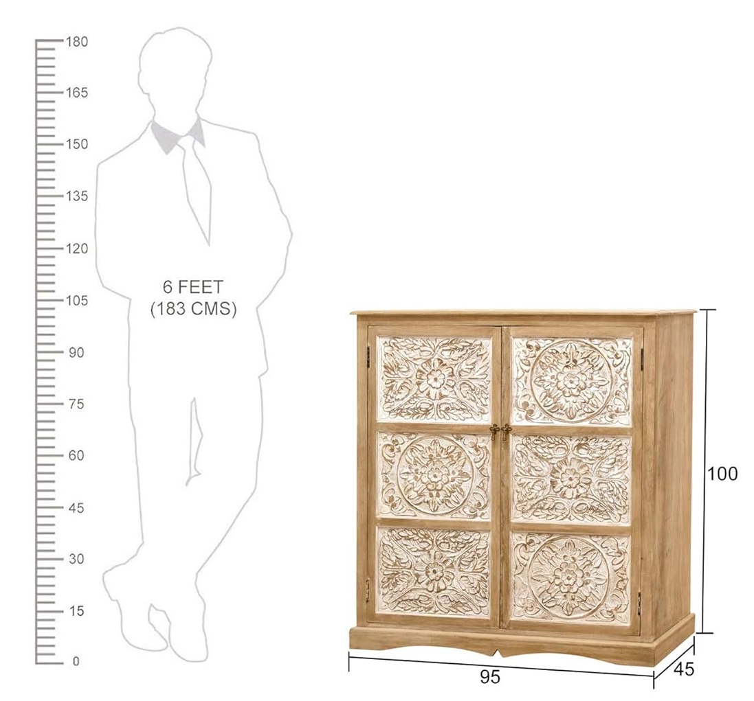 Wooden cabinet with decorative panels and a height measurement chart on the left.
