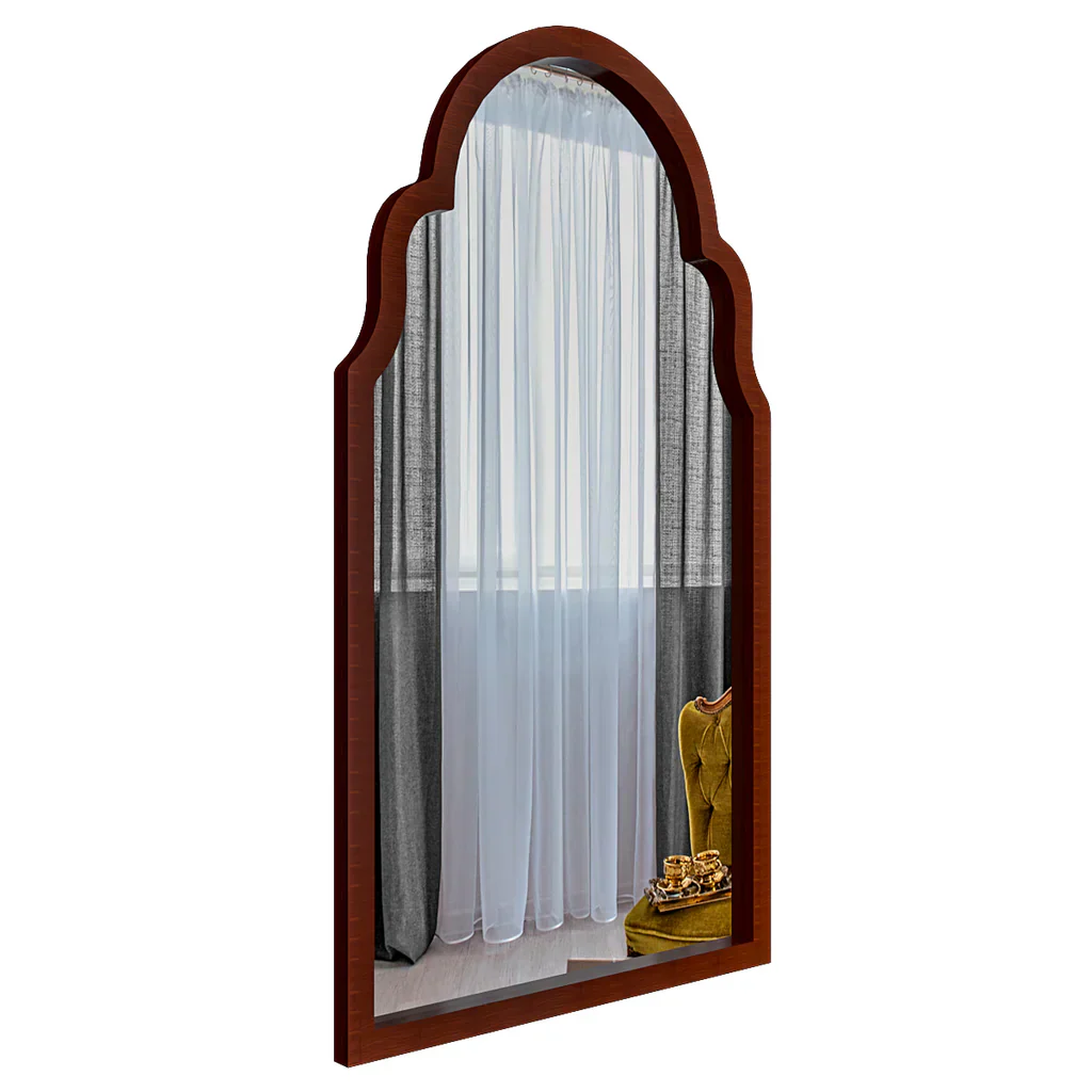Wooden-framed mirror with a shoe and decorative items on a white background