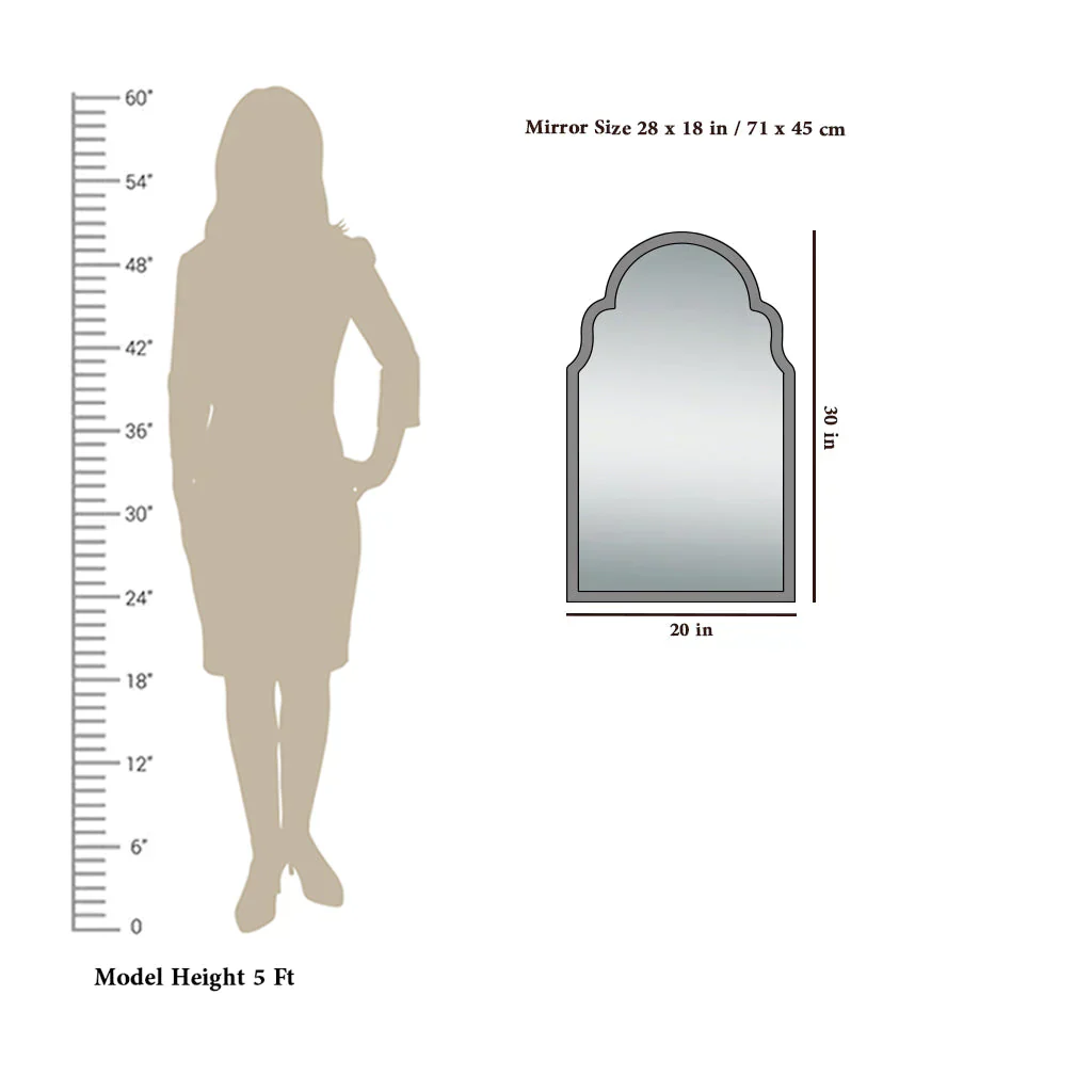 Measurement chart showing a mirror size of 28 x 18 inches with a silhouette of a person for scale.