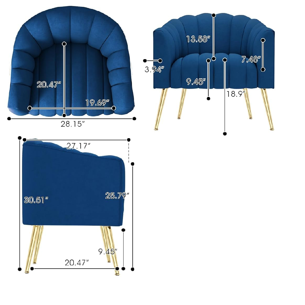 Blue armchair with gold legs and its dimensions on a white background