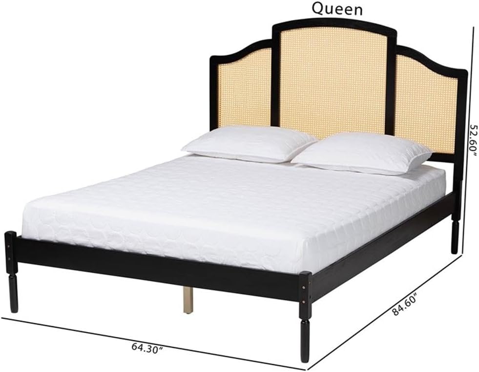 Bed with wicker headboard and dimensions labeled on a white background
