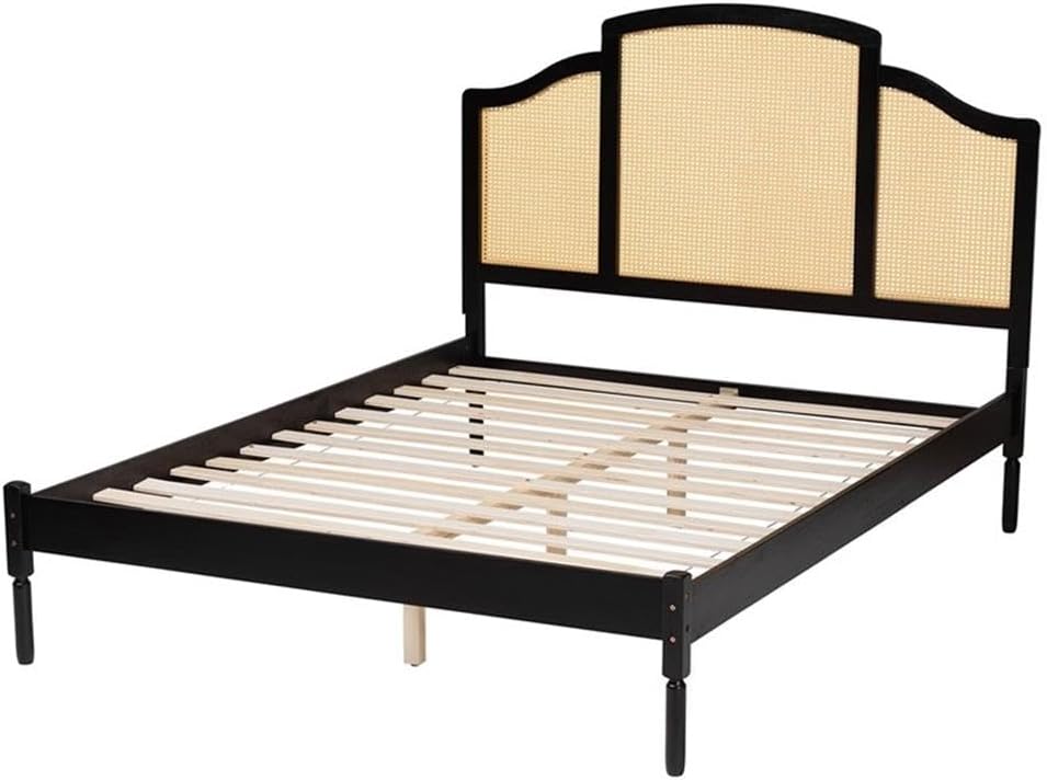 Bed with black frame and beige headboard on a white background