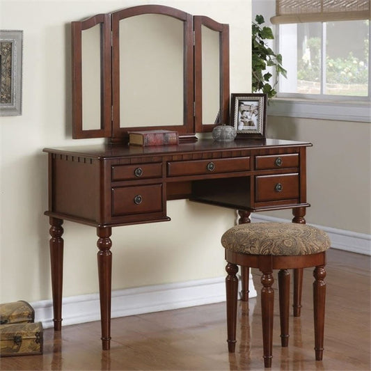 Wooden vanity with mirror and stool in a room setting