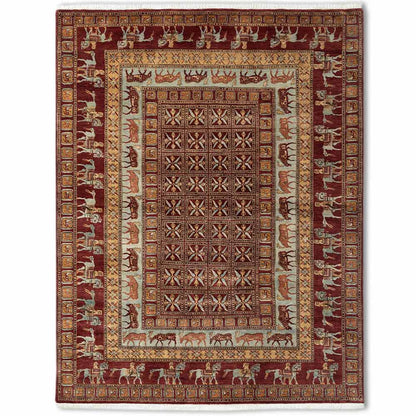 Decorative rug with intricate patterns and border on a white background