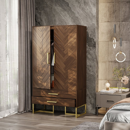Premium Mango Wood Wardrobe in Honey Finish with Golden Handles