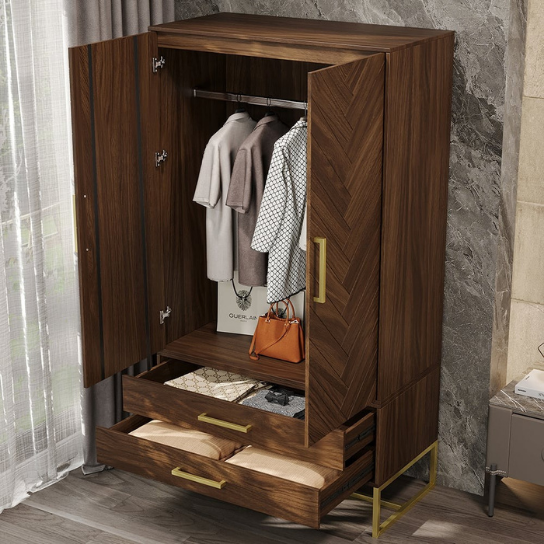 Premium Mango Wood Wardrobe in Honey Finish with Golden Handles
