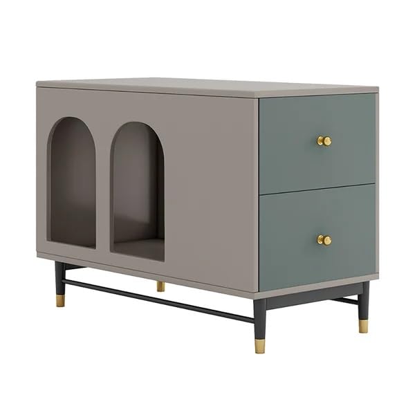 Two-toned cabinet with arched design and gold handles on a white background