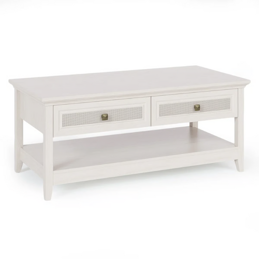 44 Inch Boho Coffee Table with Dual Rattan Drawers & Open Storage