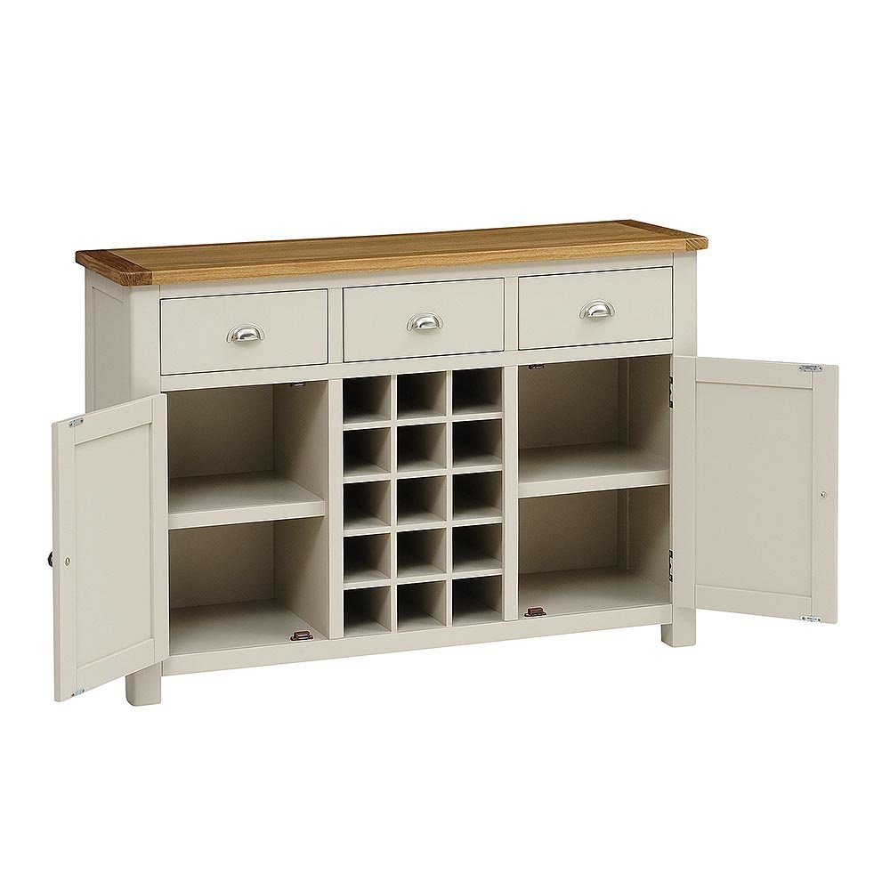 Wooden sideboard with open doors on a white background