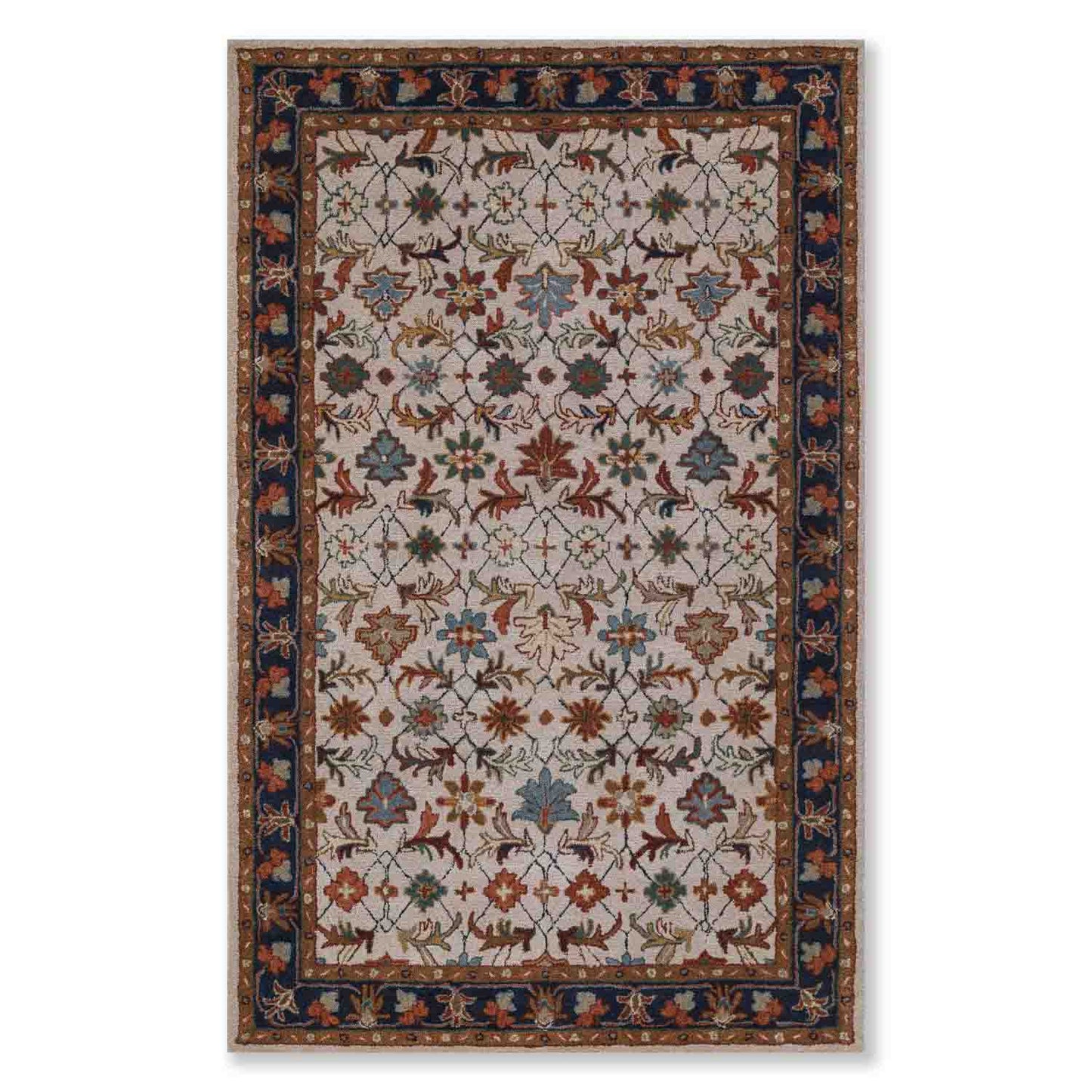 Decorative rug with intricate patterns on a white background