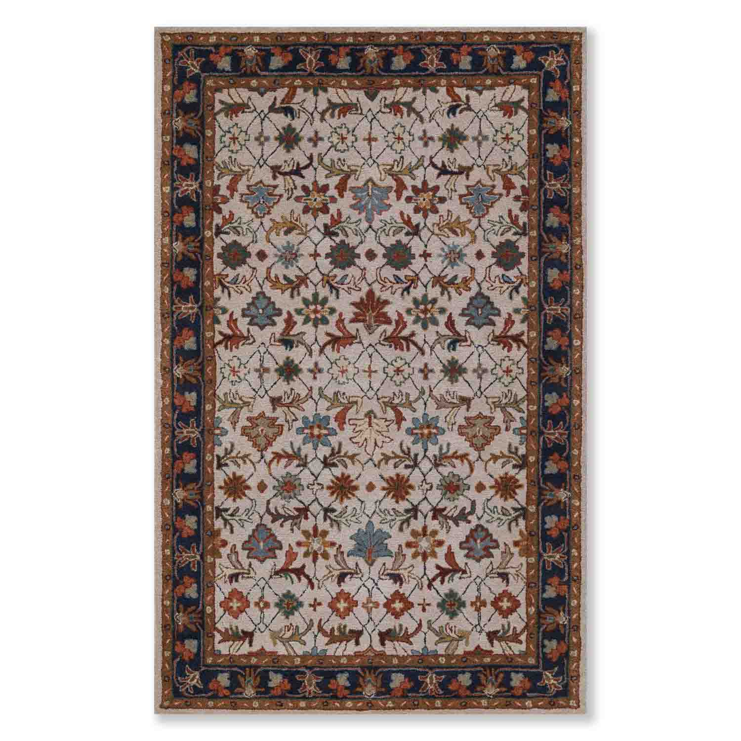 Decorative rug with intricate patterns on a white background
