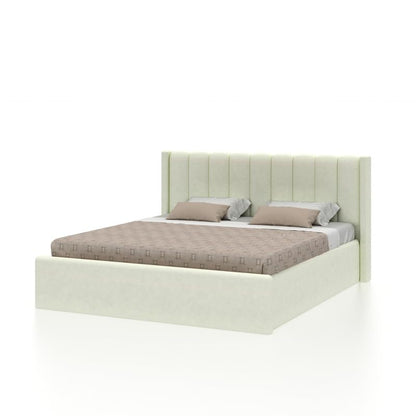 Beige upholstered bed with checkered mattress on a white background