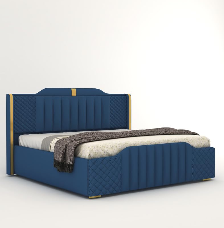 Modern King Size Upholstered Bed with Box Storage | Wooden Platform Double Bed with Premium Fabric Upholstery | 6.5 x 6 Ft Sheesham Wood Cot, Navy Blue