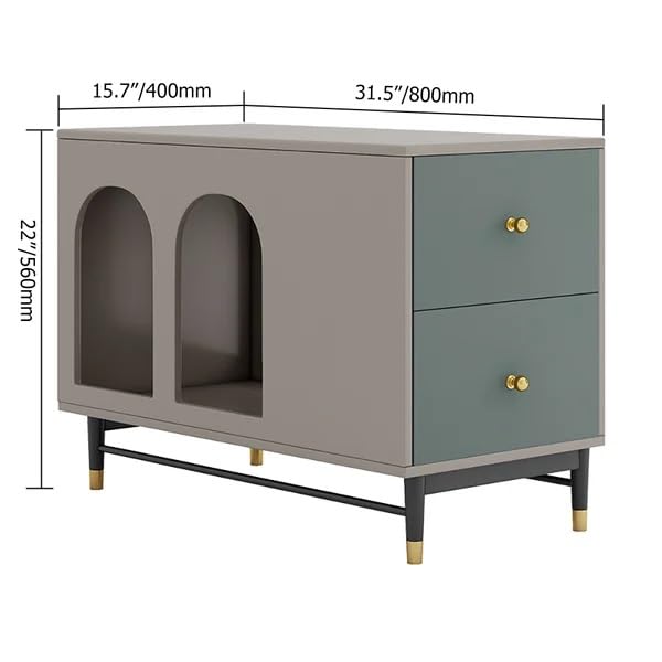Gray and green cabinet with dimensions labeled on a white background