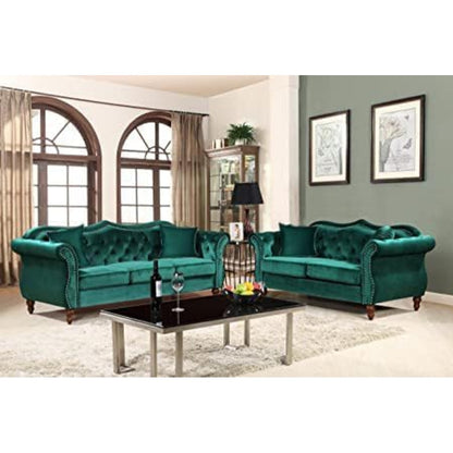 Wooden Vintage Chesterfield Living Room Set – 2-Piece Tufted Velvet Sofa Set (3+2 Seater)