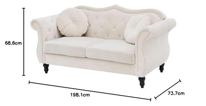 Beige sofa with dimensions indicated on a white background