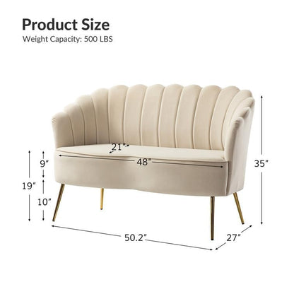 Beige sofa with dimensions and weight capacity on a white background
