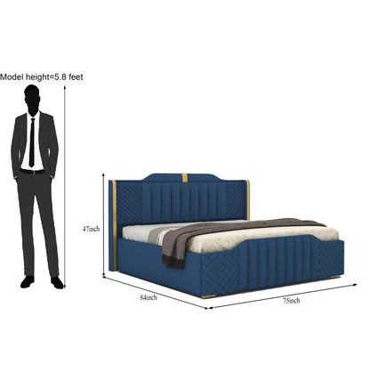 Modern King Size Upholstered Bed with Box Storage | Wooden Platform Double Bed with Premium Fabric Upholstery | 6.5 x 6 Ft Sheesham Wood Cot, Navy Blue