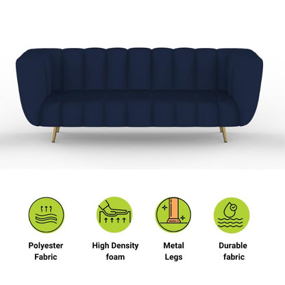 Blue sofa with features listed on a white background