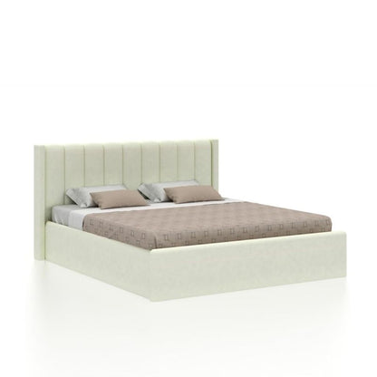 Beige upholstered bed with a white mattress and gray bedding on a white background