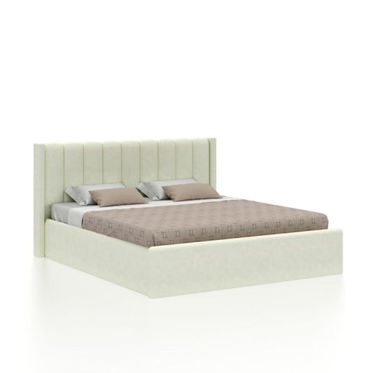 Beige upholstered bed with a white mattress and gray bedding on a white background