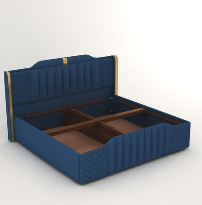 Modern King Size Upholstered Bed with Box Storage | Wooden Platform Double Bed with Premium Fabric Upholstery | 6.5 x 6 Ft Sheesham Wood Cot, Navy Blue