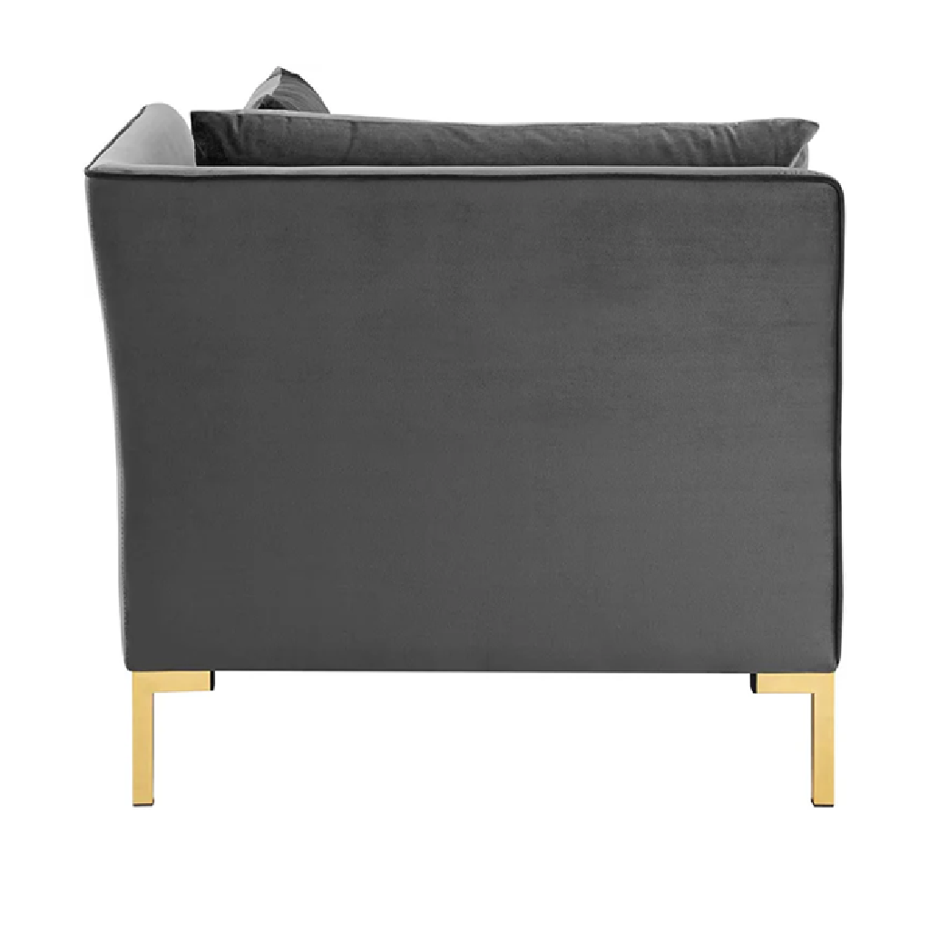 Gray sofa with gold legs on a white background