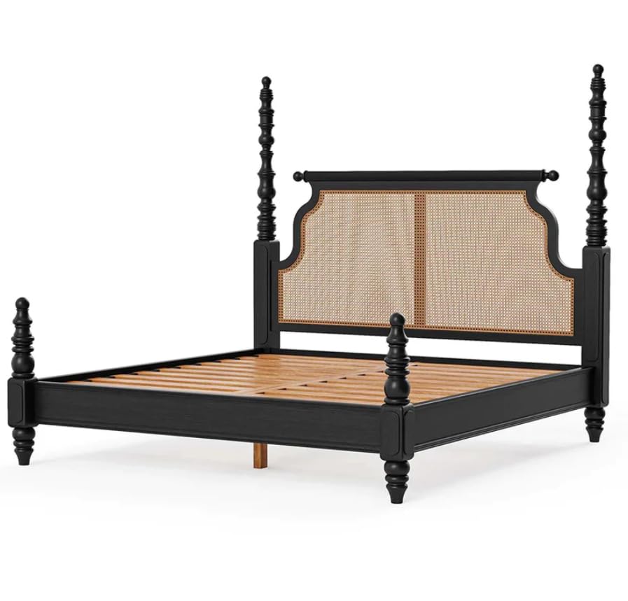 Black bed frame with woven backrest on a white background