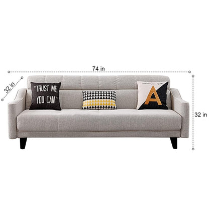 Gray sofa with decorative pillows and measurements on a white background
