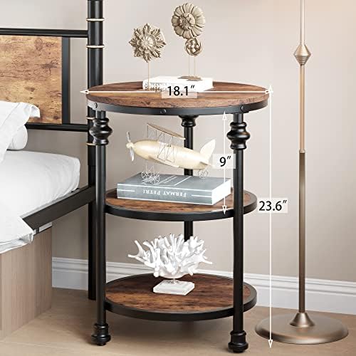 Three-tiered round side table with wooden shelves and metal legs next to a bed, with measurements displayed.