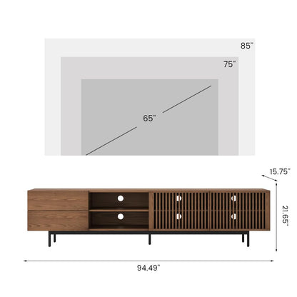 Dimensions of a wooden TV stand with a television screen above it on a white background.