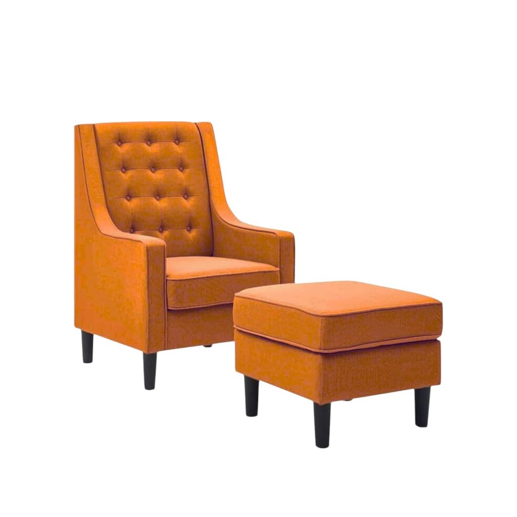 Orange armchair with matching ottoman on a white background