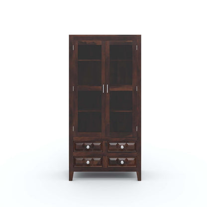 Solid Sheesham Wood Kitchen Cabinet – Crockery Storage Unit with 2 Glass Doors & 4 Drawers (Walnut Finish)