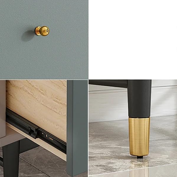 Collage of a gold cabinet knob, wooden furniture leg, and gold floor protector on a marble floor.