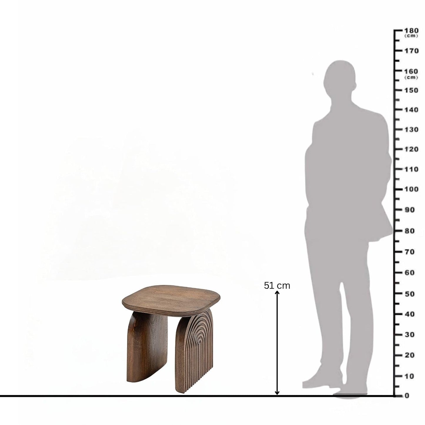 Wooden stool with a silhouette of a person and measurement scale on a white background