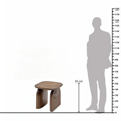 Wooden stool with a silhouette of a person and measurement scale on a white background